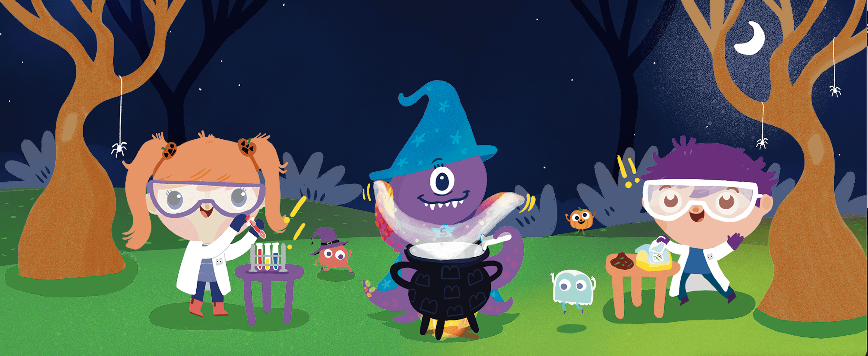 Cartoon Halloween night scene with two children in lab coats and goggles and a purple wizard octopus stirring a cauldron.