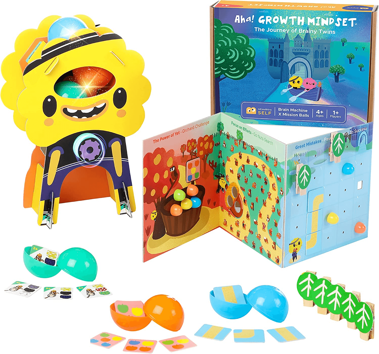 MEandMine Aha! Growth Mindset kit: a yellow brain machine, colorful plastic eggs, picture cards and a folding story board.