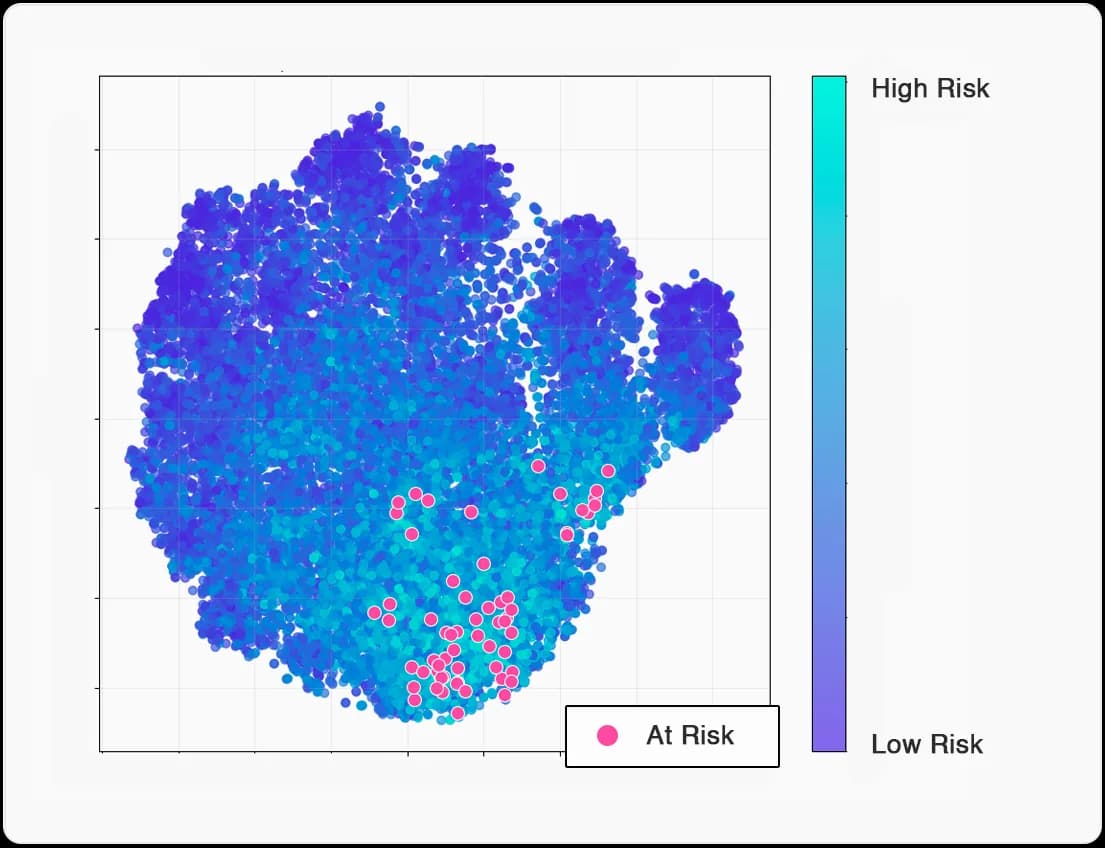 Map of students' well-being profiles from low to high risk, at-risk students marked