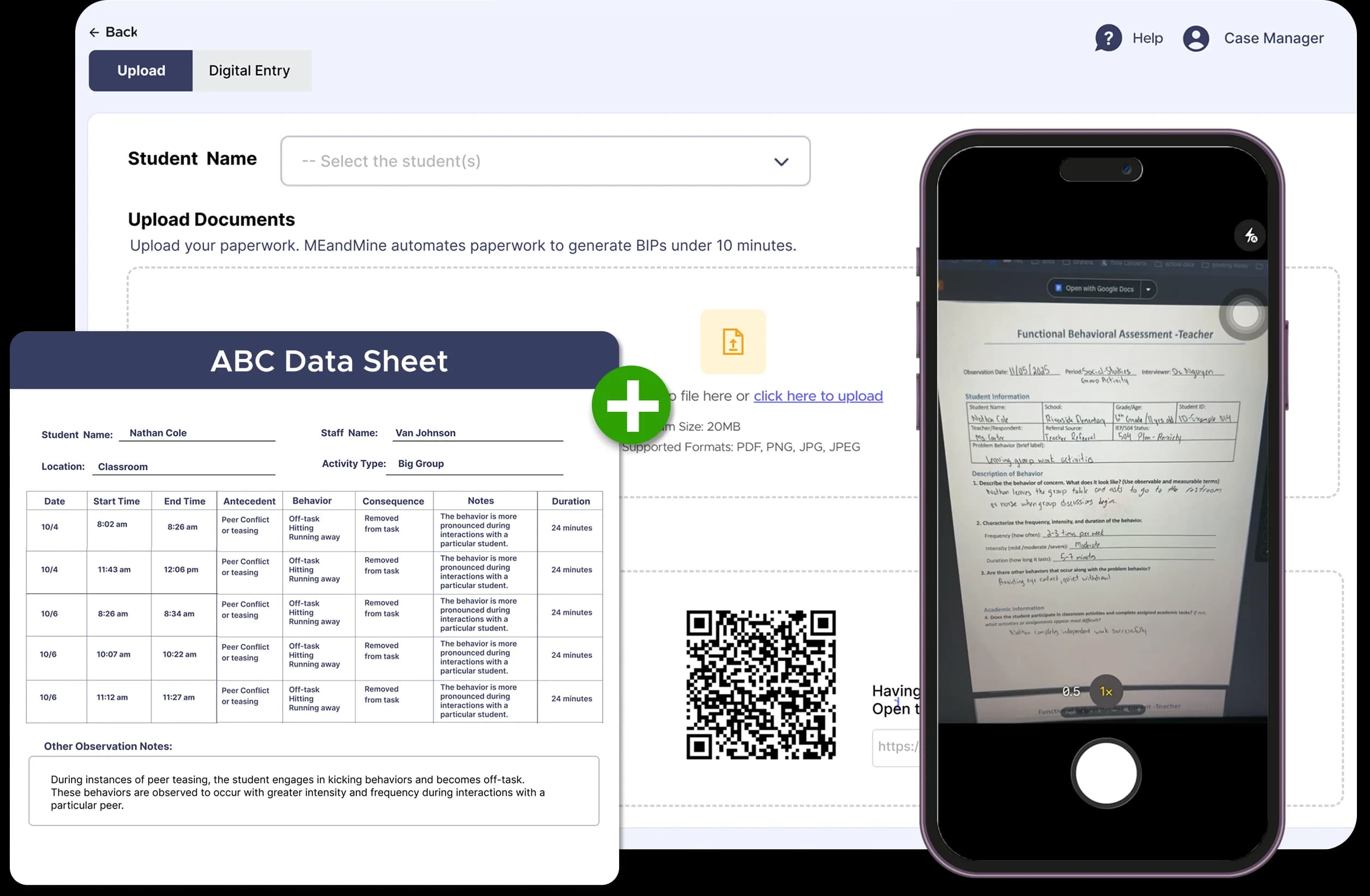 An ABC data sheet uploaded from a phone photo into the MEandMine documents screen
