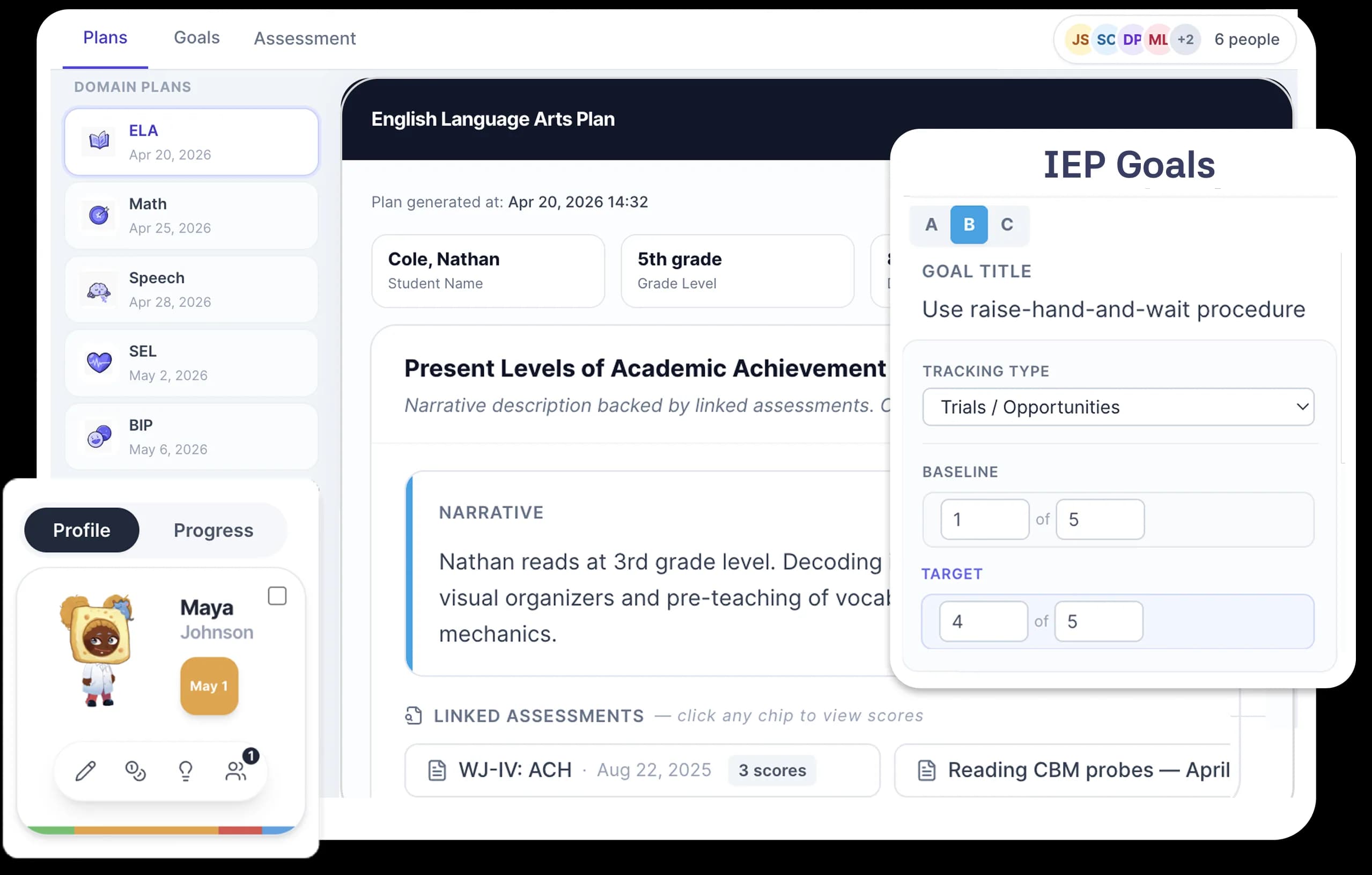 An English Language Arts plan with present levels and an IEP goal being set up
