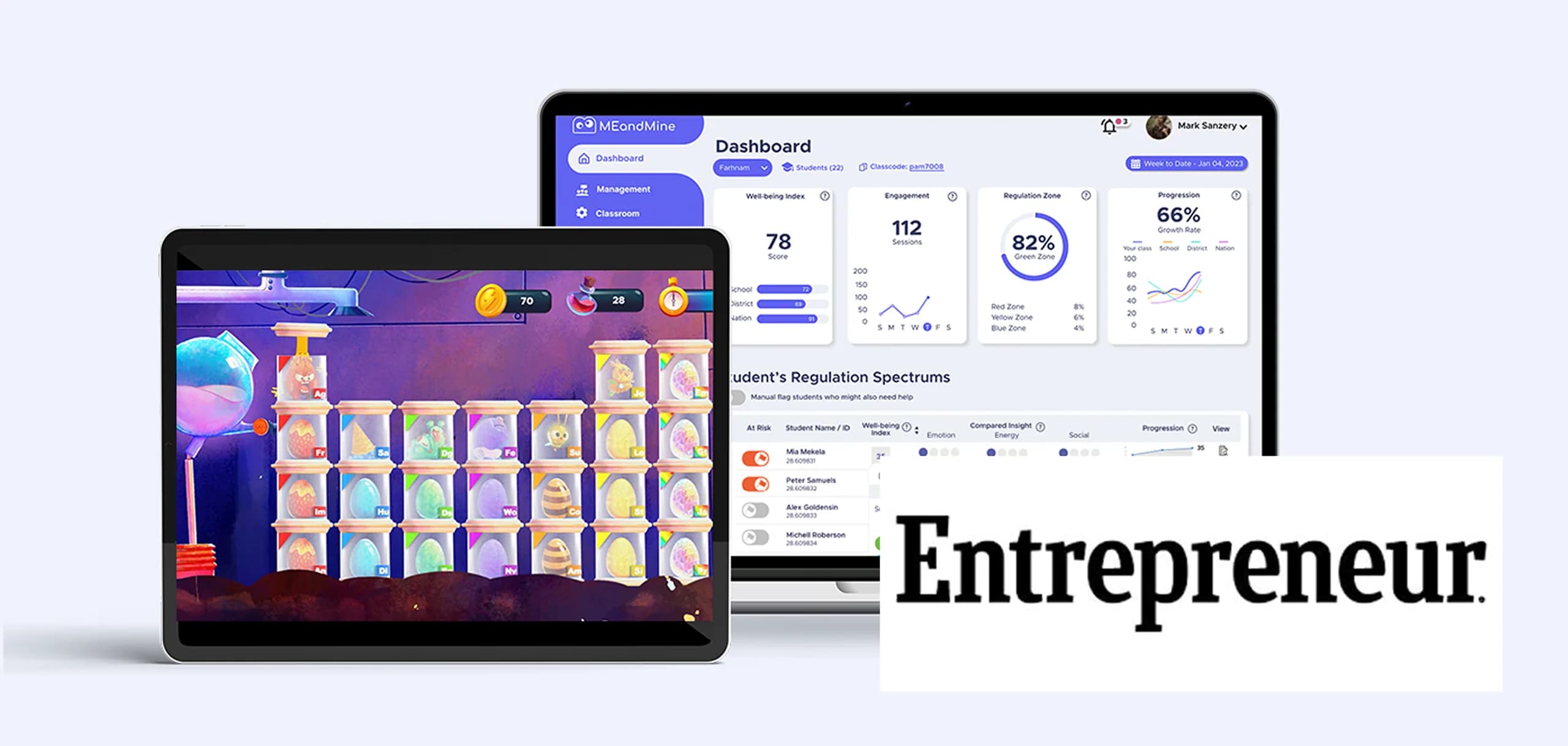 The MEandMine app on a tablet and a laptop, with the Entrepreneur logo