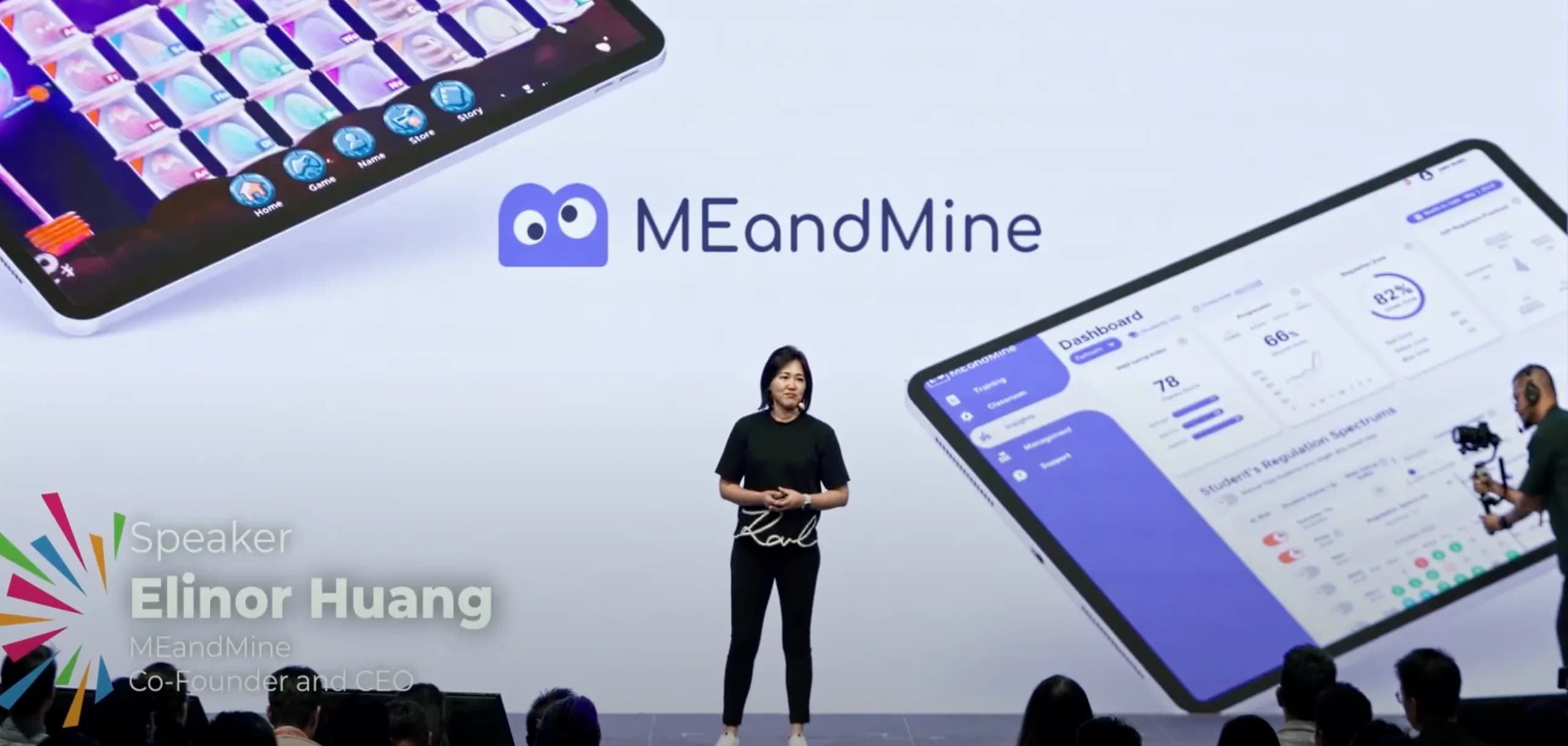 MEandMine co-founder Elinor Huang presenting on stage
