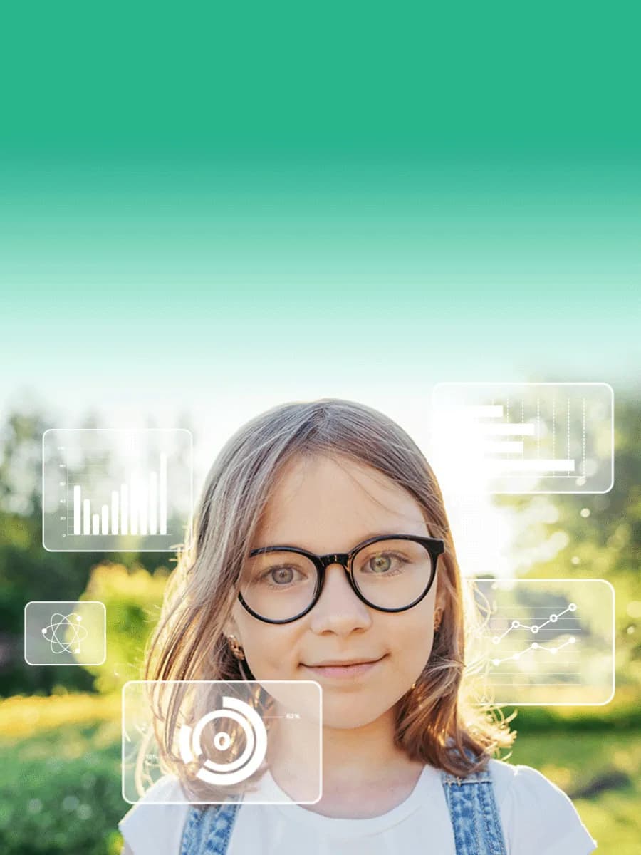 A girl in glasses among floating charts of her well-being