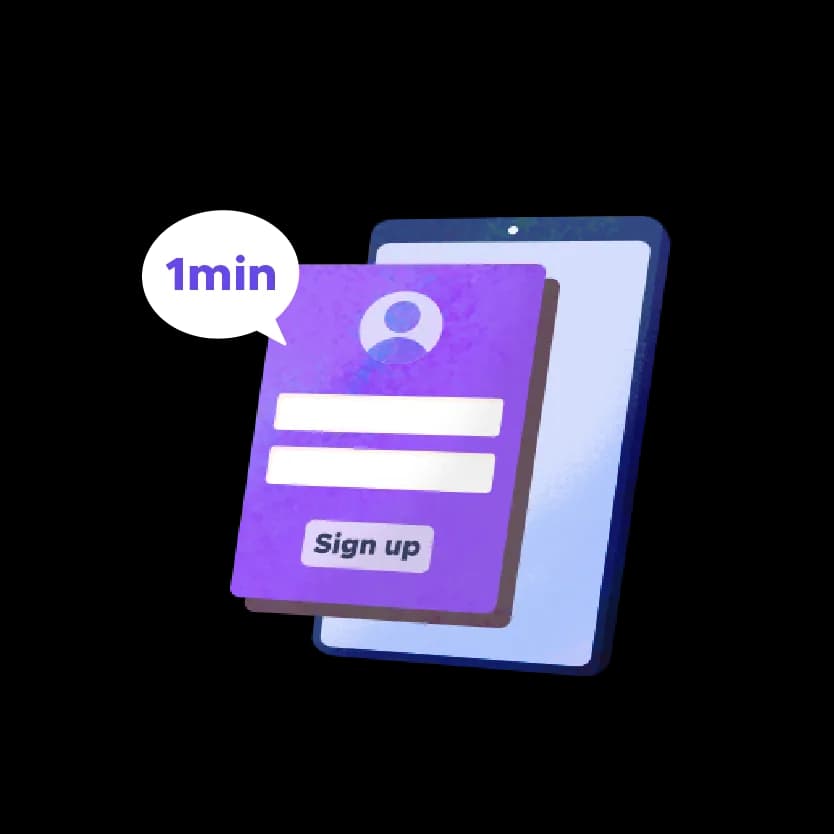 A teacher sign-up form on a tablet, marked 1 min