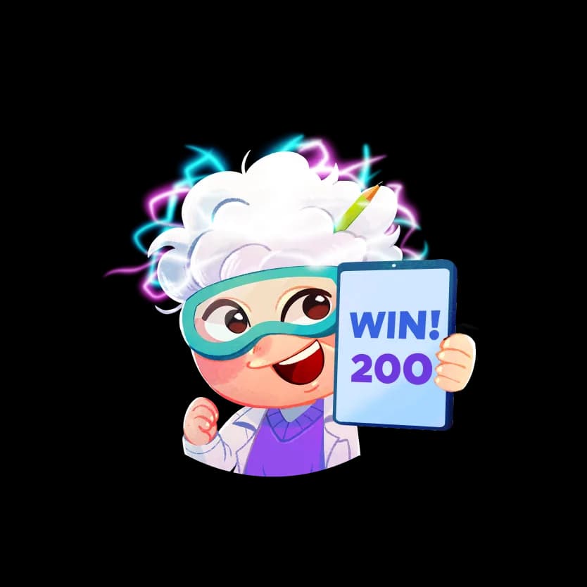 A MEandMine character holding a tablet that reads Win 200