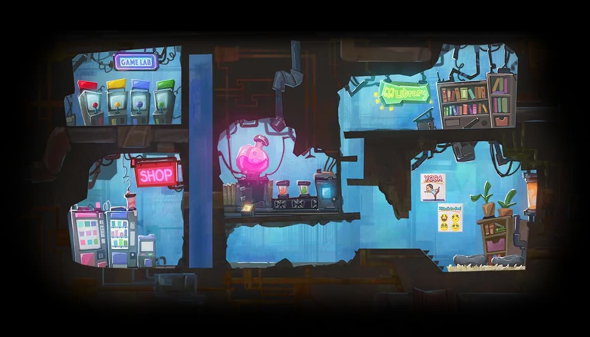 The Emotion Lab's underground rooms: a game lab, a hatchery, a library, a shop and a calming corner