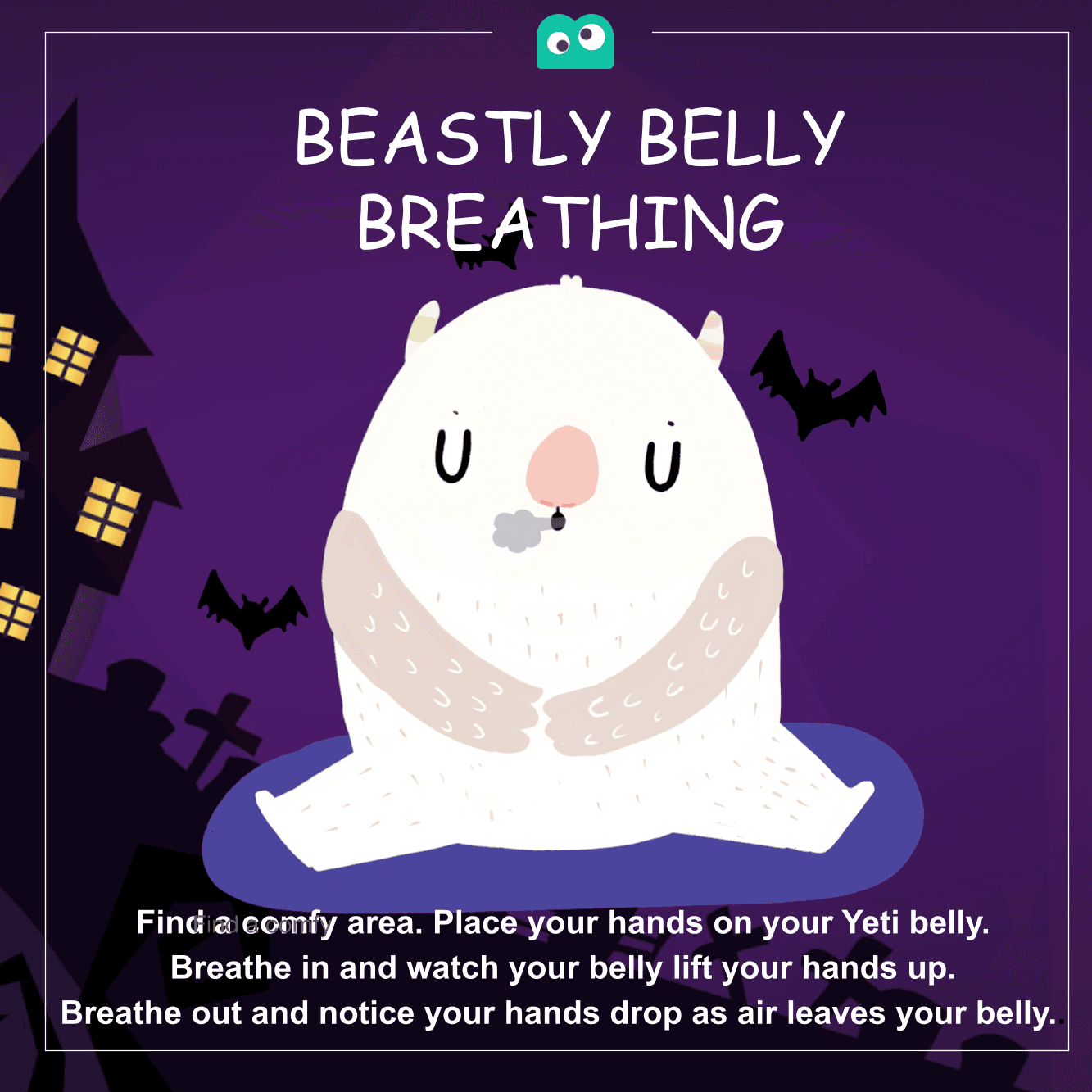 Beastly Belly Breathing card: a white yeti sits on a mat; hands on belly, breathe in to lift them and out to let them drop.