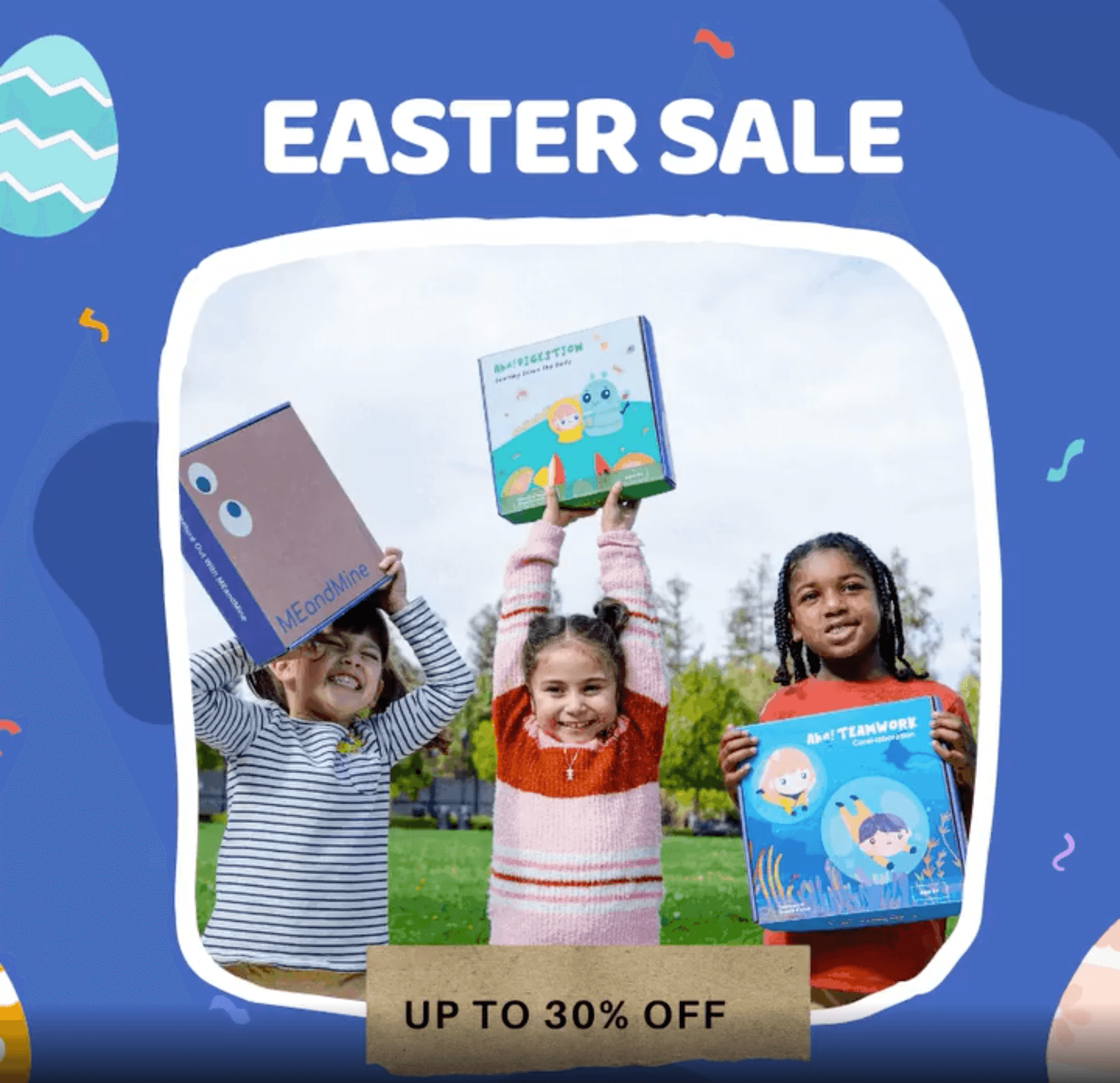 Easter Sale graphic with three smiling children holding MEandMine kit boxes overhead and the words Up to 30% off.