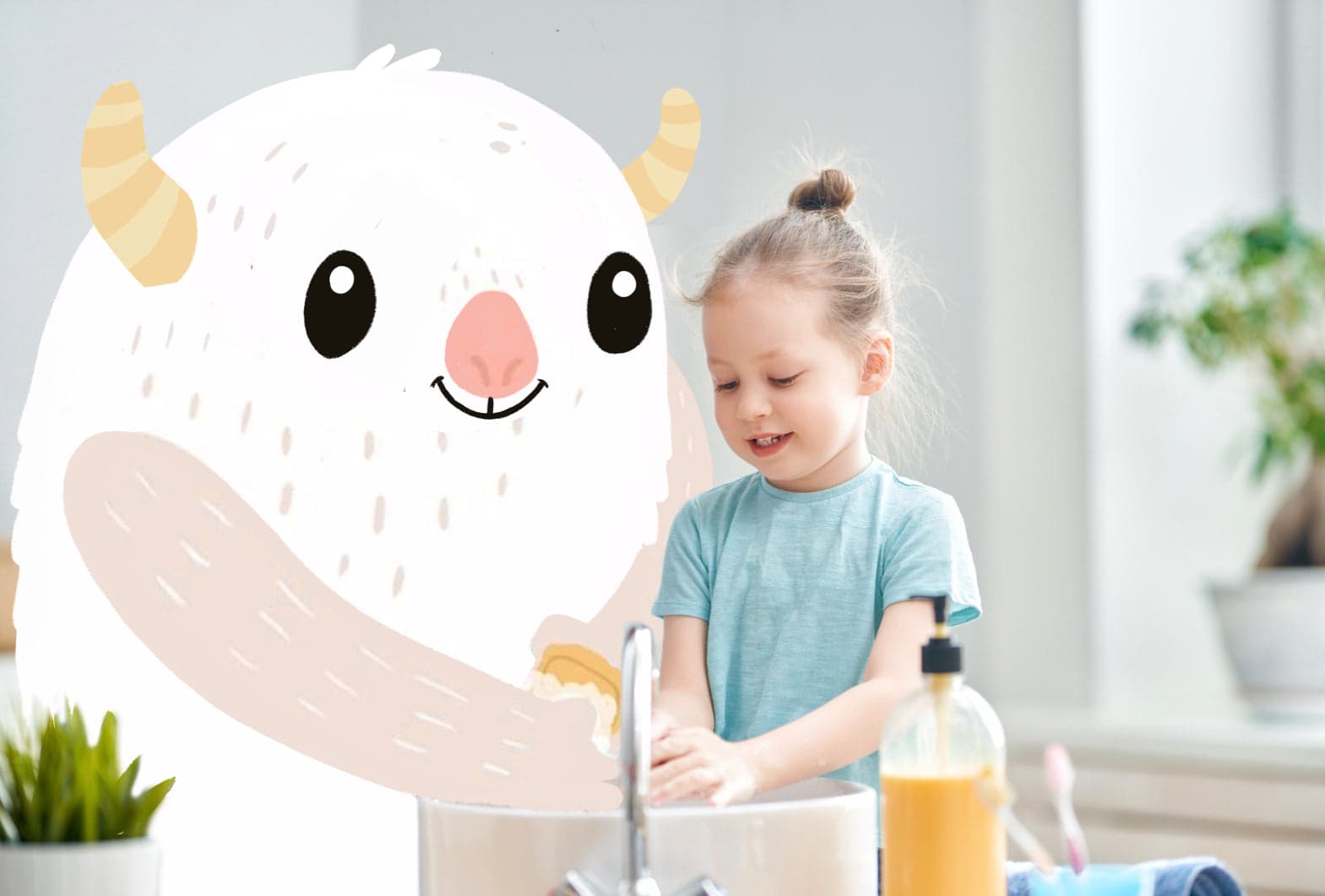 A smiling girl washes her hands at a sink while a large white horned MEandMine monster character helps her scrub.
