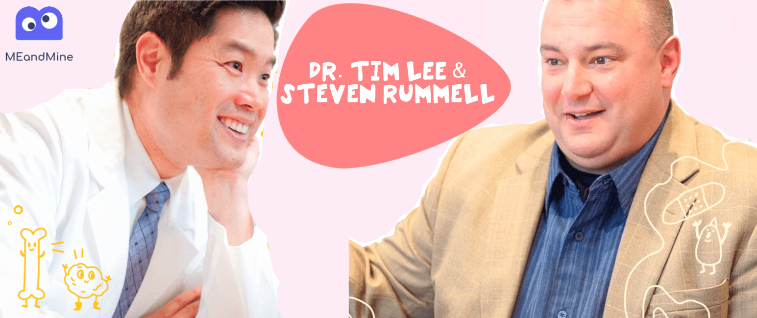 Smiling Dr. Tim Lee in a white coat and Steven Rummell in a tan blazer face each other beside their names on pink.