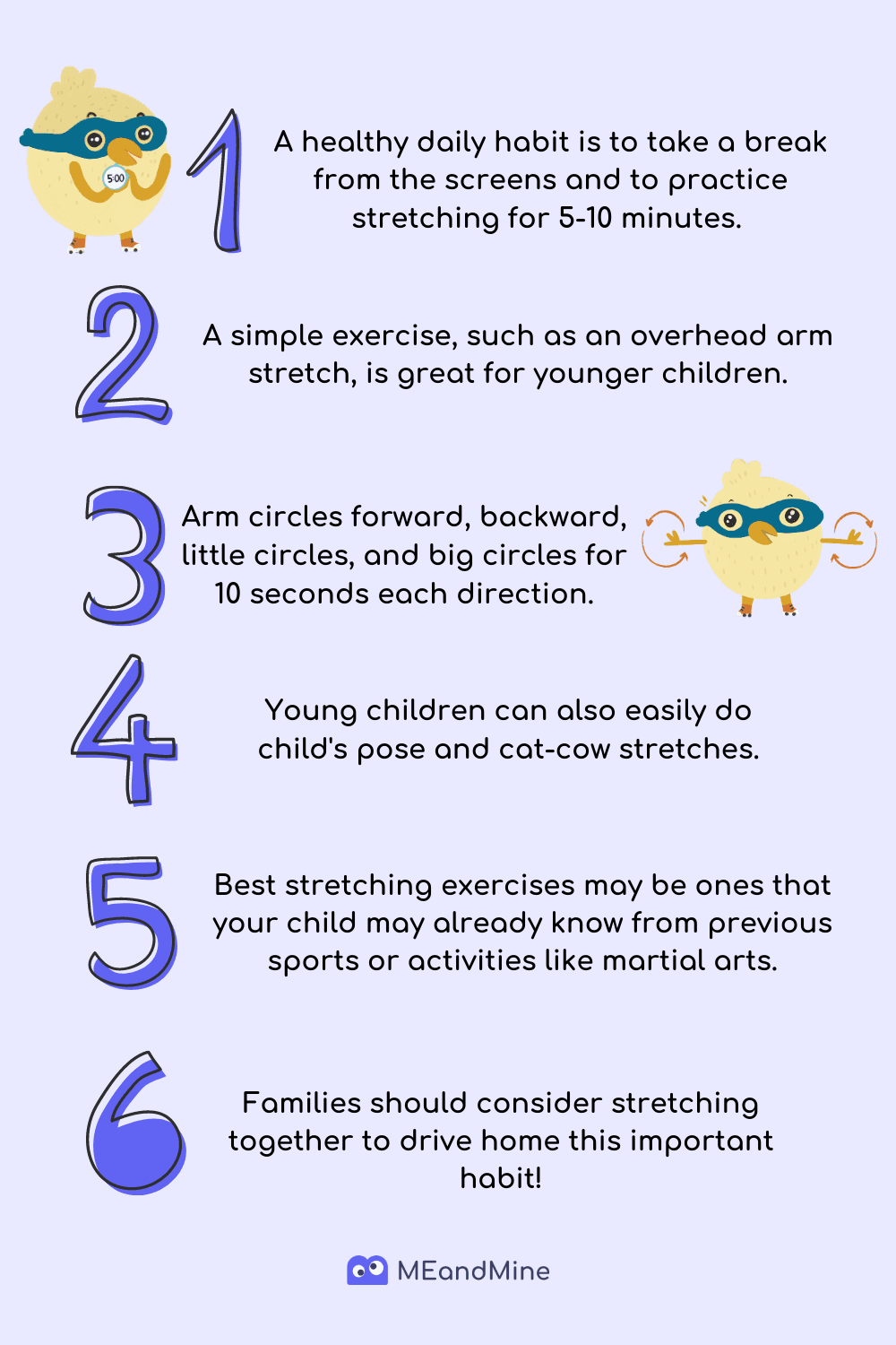 Infographic of six stretching tips: screen breaks, arm stretches and circles, child's pose, and stretching as a family.