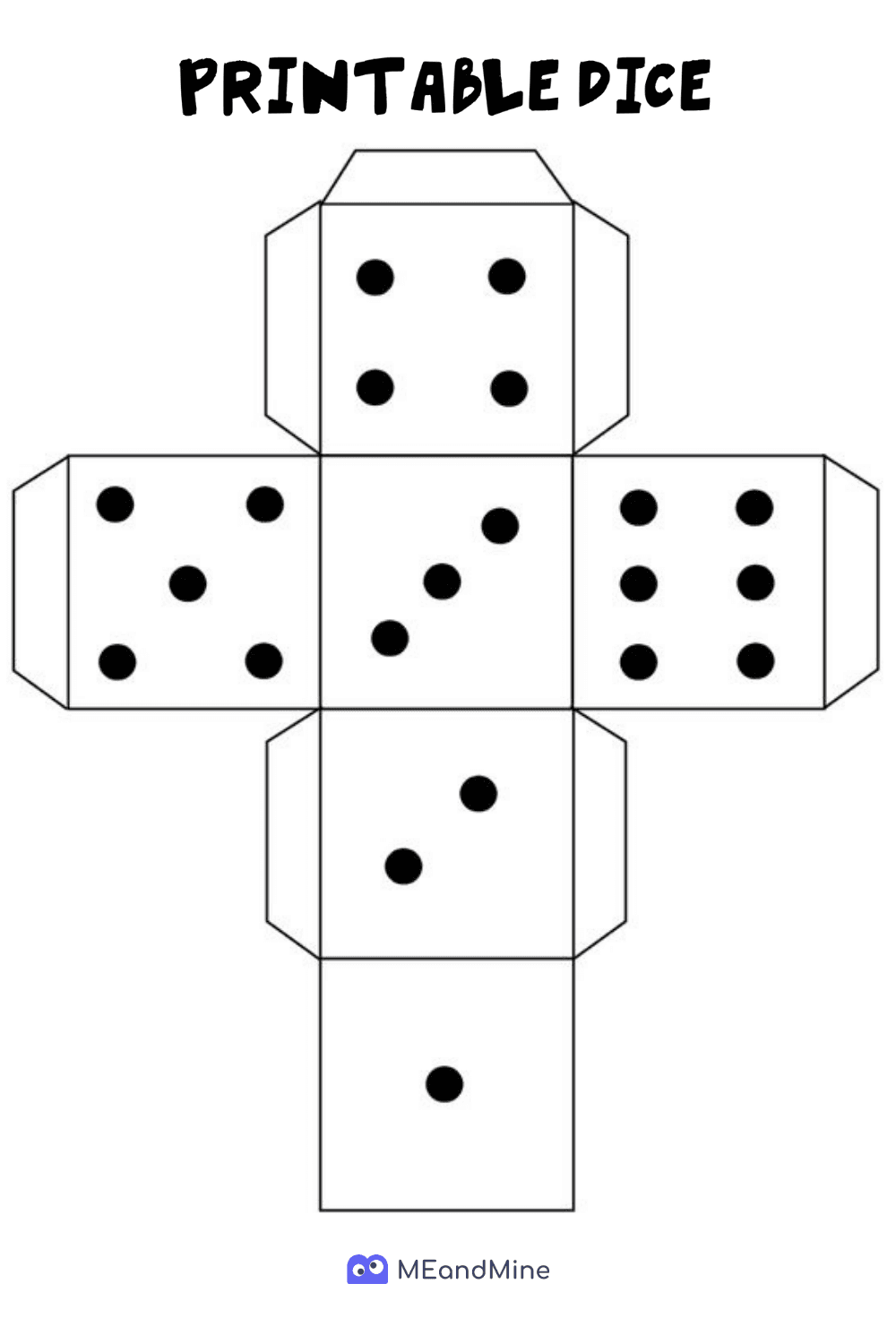 Printable Dice template: a cross-shaped paper cutout with dot faces one to six and folding tabs, ready to cut and fold.
