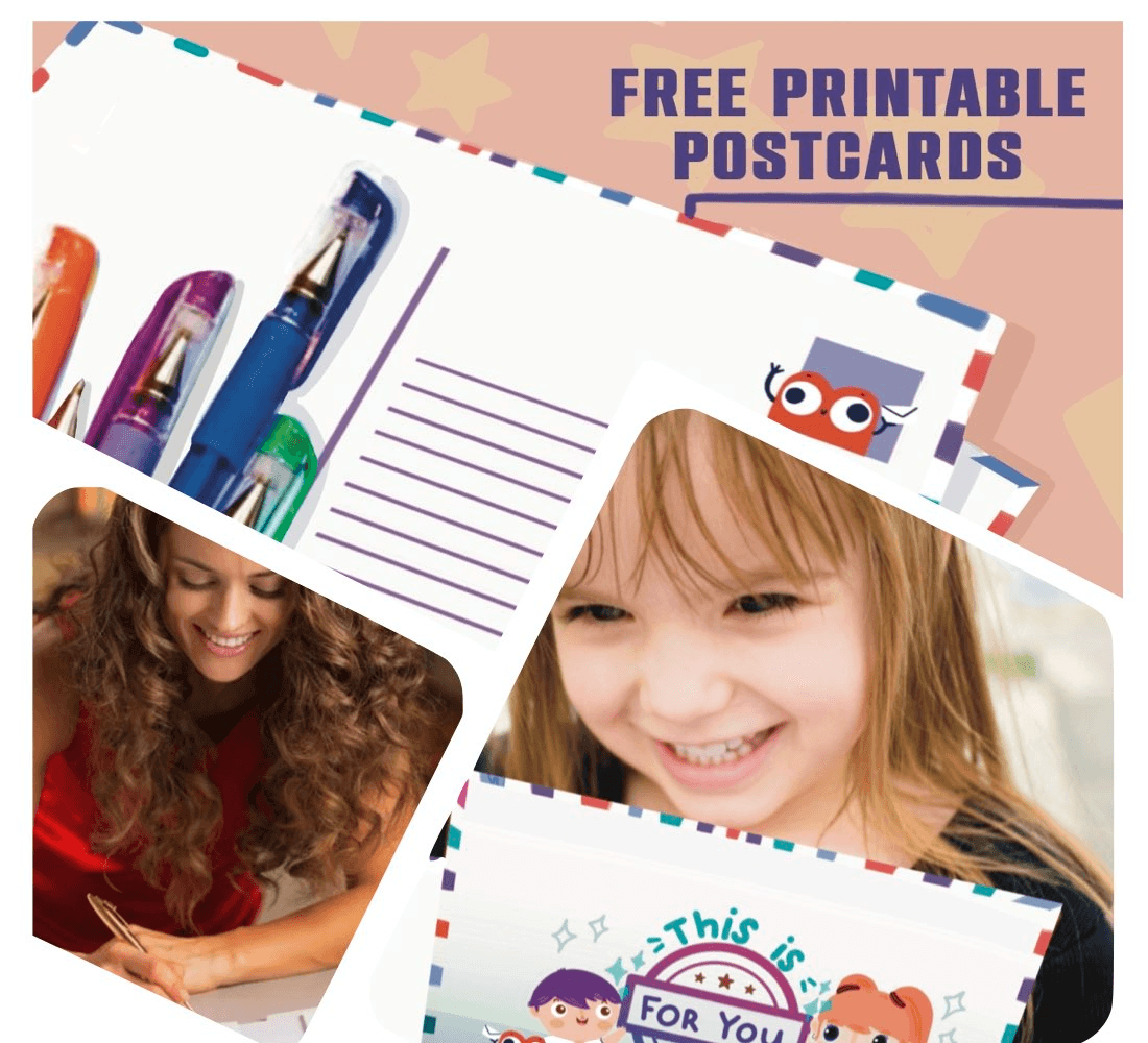Free printable postcards collage with a woman writing, a smiling girl holding a postcard and colorful pens