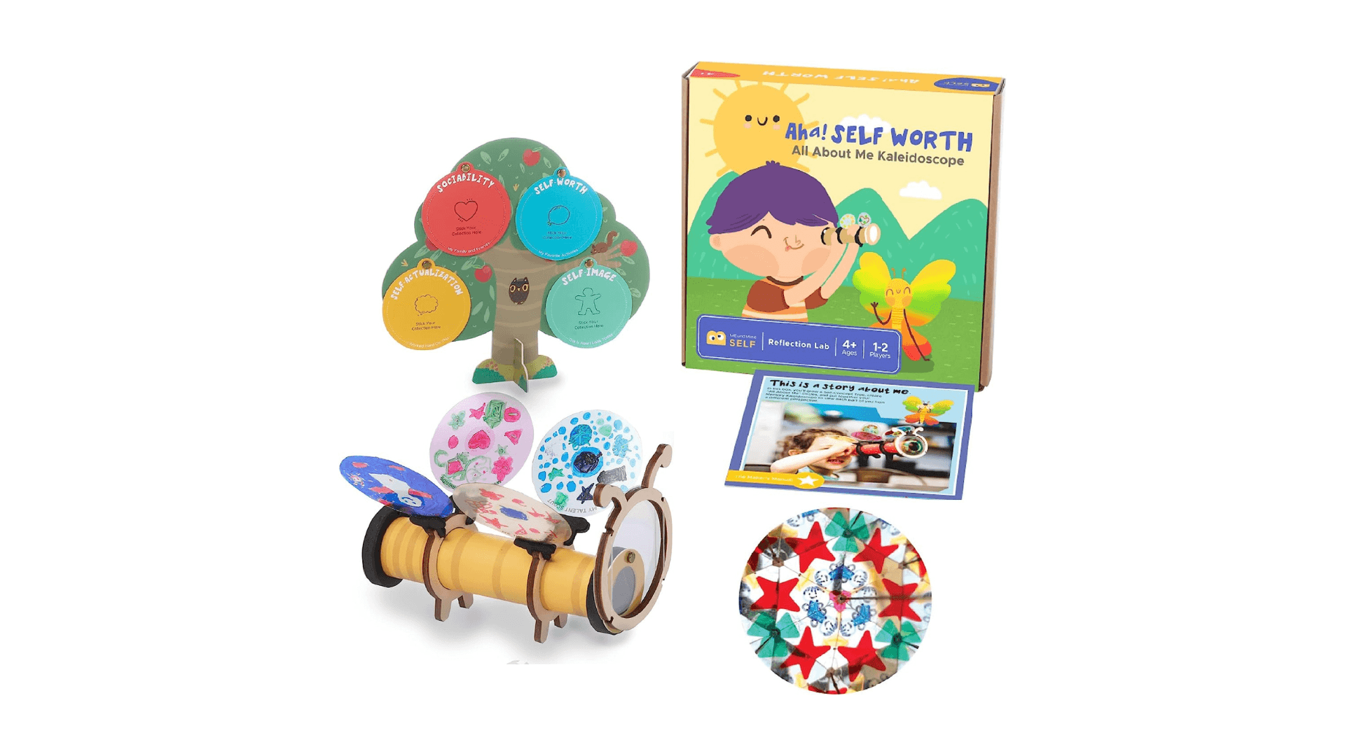 MEandMine Aha! Self Worth kit with its box, wooden bug kaleidoscope, tree of self-worth discs and a star pattern view