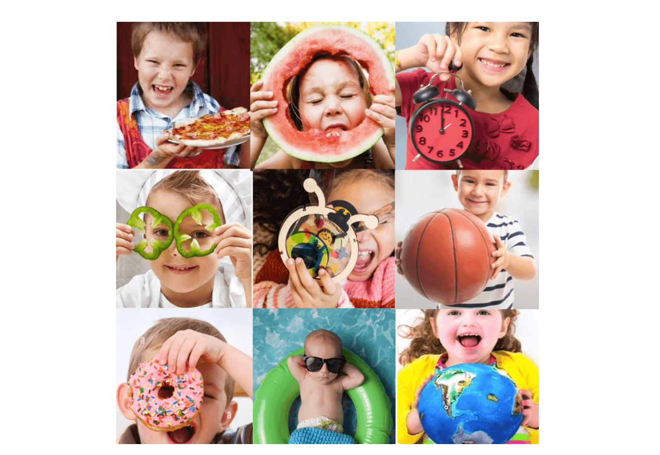 Grid of nine smiling kids holding round objects such as pizza, watermelon, alarm clock, basketball, donut and a globe