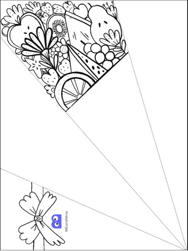 Black-and-white coloring template of a fruit and flower bouquet with a bow, with dotted fold lines to make a paper cone