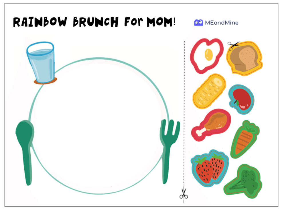 Printable Rainbow Brunch for Mom placemat with an empty plate, glass and cutlery, plus cut-out food stickers