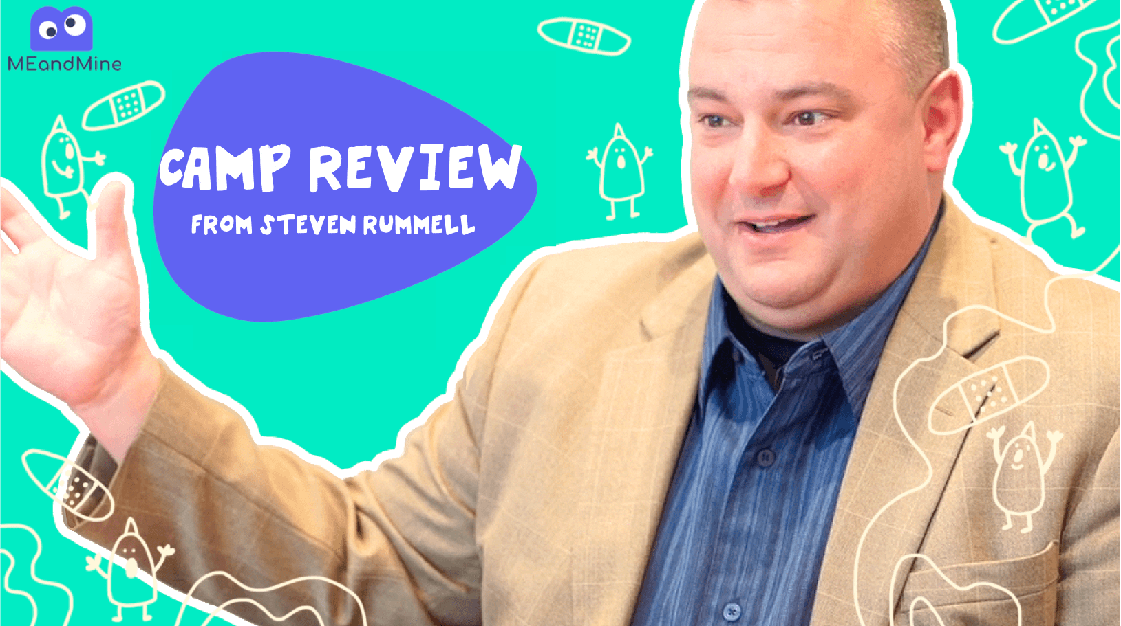 Camp Review from Steven Rummell title card, with a smiling man in a tan blazer gesturing on a teal doodle background