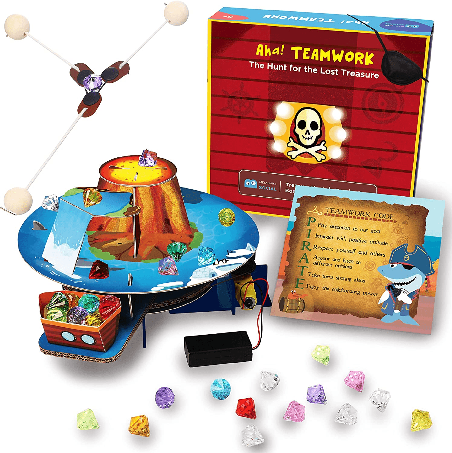 MEandMine Aha! Teamwork pirate treasure-hunt kit with box, volcano island board, gems, Teamwork Code card and rope toy