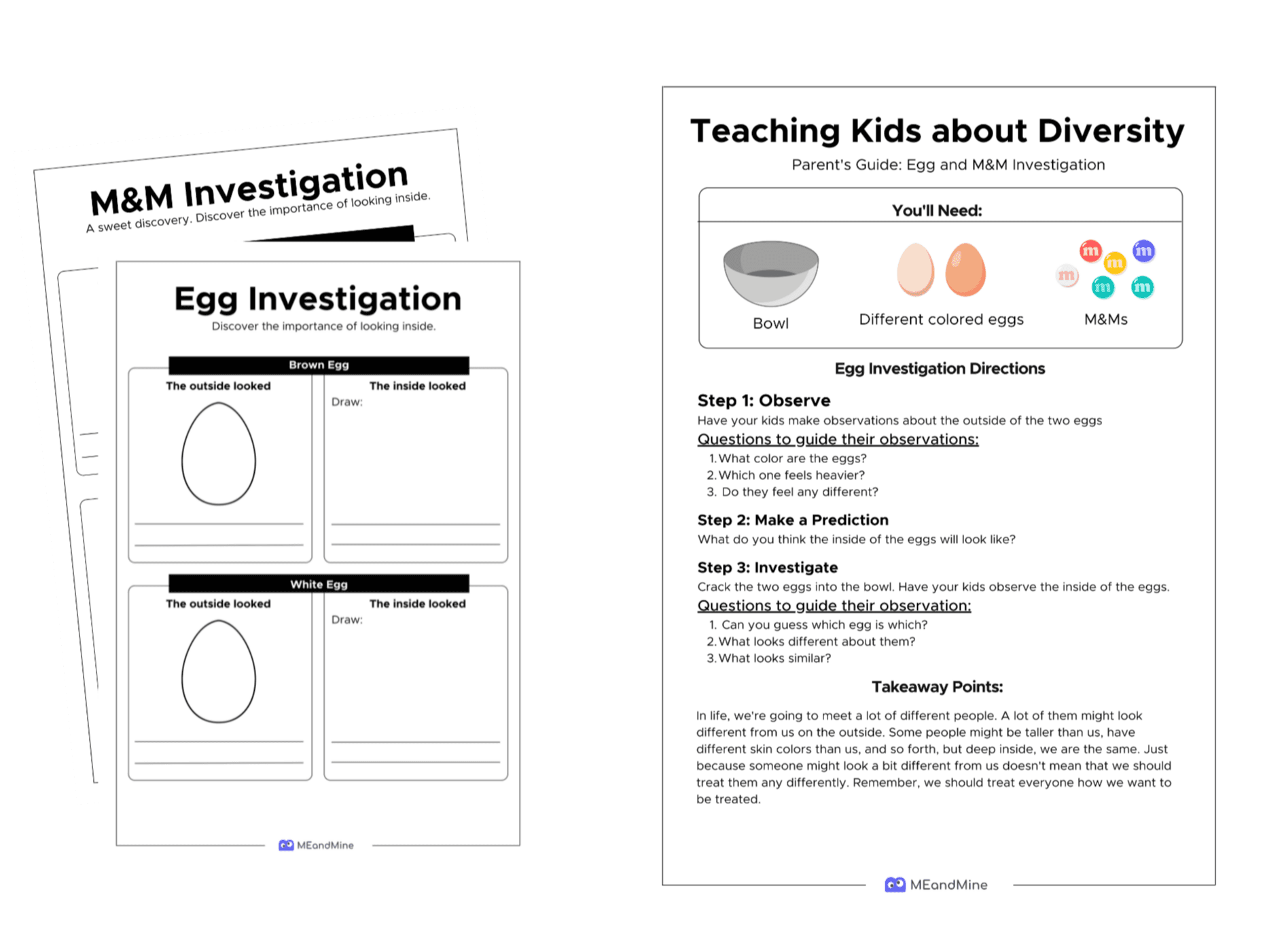 MEandMine worksheets and parent guide for a Teaching Kids about Diversity egg and M&M investigation.