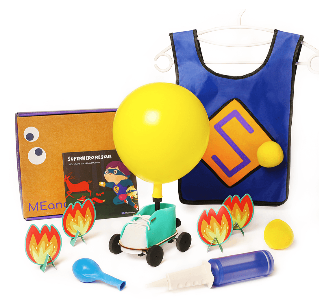 MEandMine Superhero Rescue kit: storybook, blue superhero vest, balloon-powered shoe car, flame cutouts and a pump.