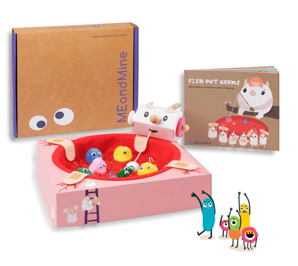MEandMine Fish Out Germs kit: a storybook, a pink bowl with pom-pom germs, a wooden fishing toy and a kraft box.