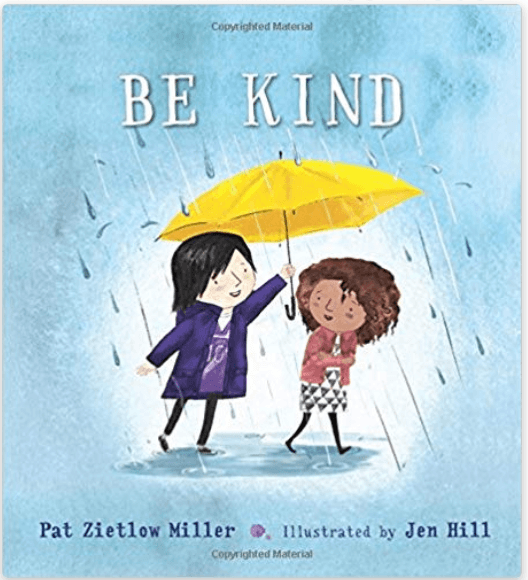 Cover of the children's book Be Kind, showing one child holding a yellow umbrella over another in the rain