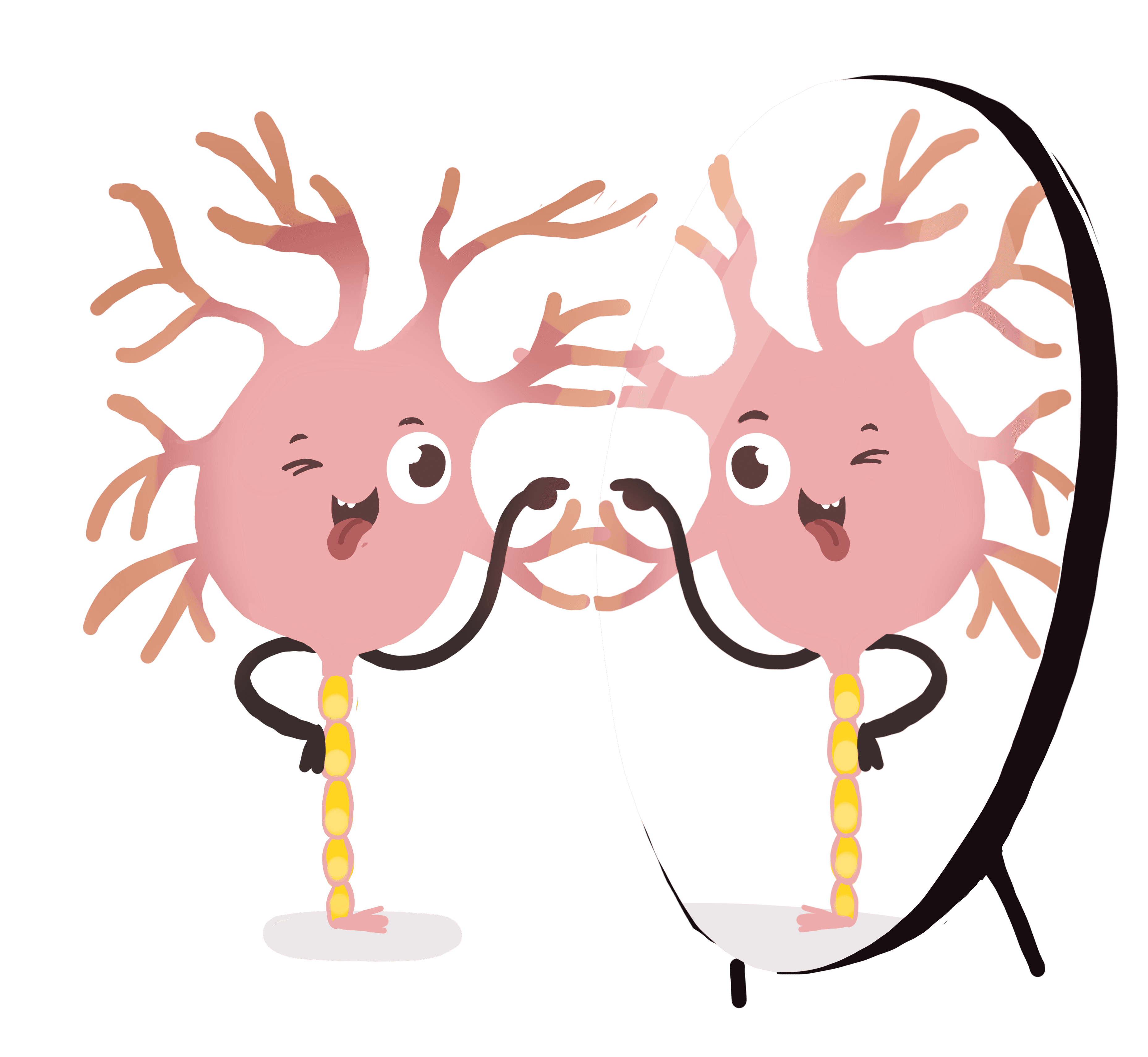 Two cartoon neurons with winking faces and yellow myelin tails reach toward each other, showing brain cells connecting