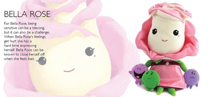 Bella Rose plush doll with a pink rose head, holding three small feeling plushies, beside text about her sensitive nature