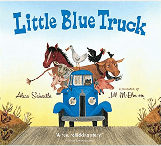 Cover of the children's book Little Blue Truck, showing a blue truck on a country road carrying farm animals