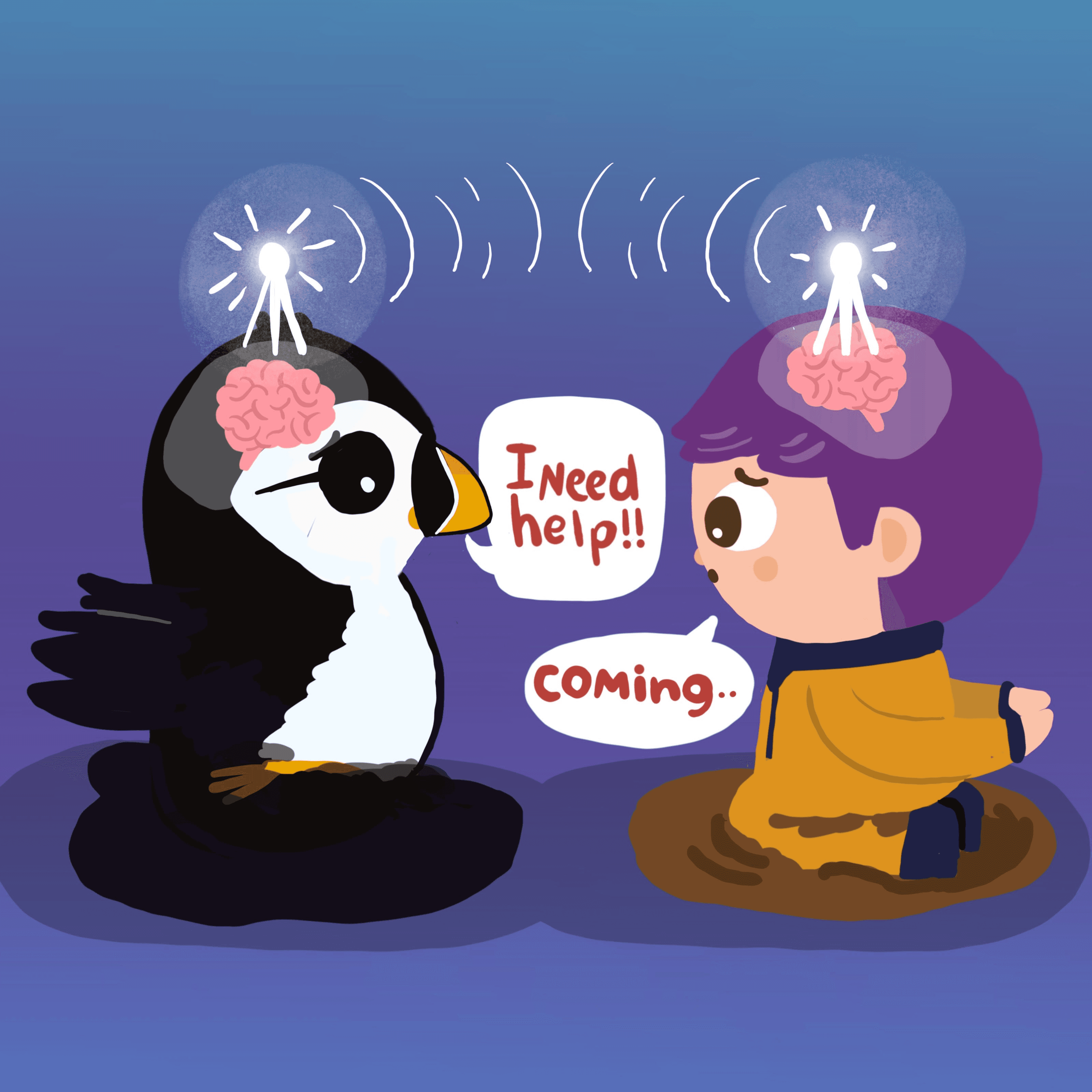 Illustration of a puffin calling I need help and a child answering coming, with glowing brains linked by signal waves