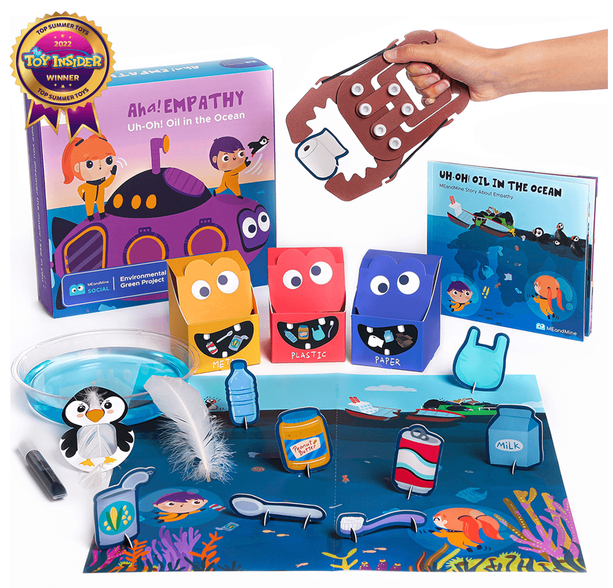 MEandMine Aha! Empathy Oil in the Ocean kit with box, storybook, recycling monster bins, ocean mat and penguin feather