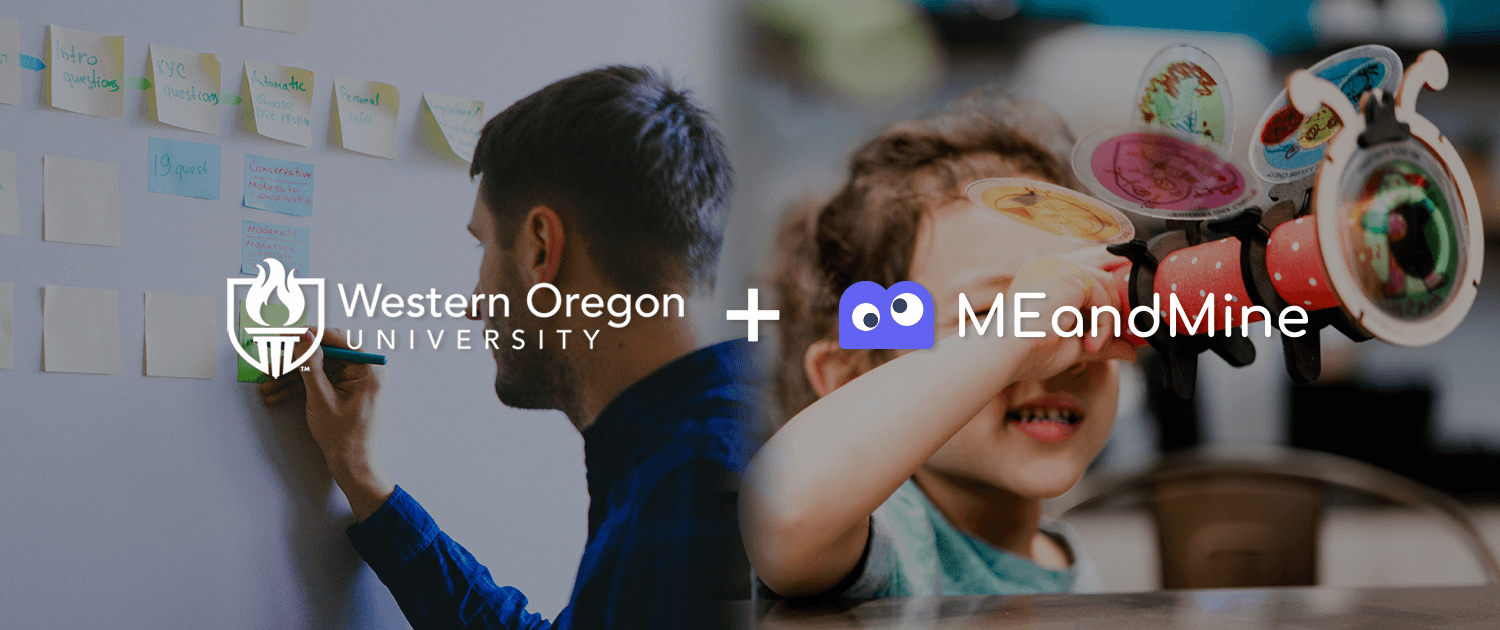Western Oregon University plus MEandMine logos over a man writing on sticky notes and a child with a kaleidoscope