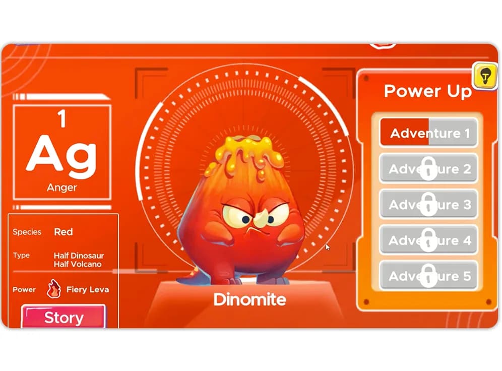 Dinomite's emotion card in the MEandMine game, with its Power Up adventures