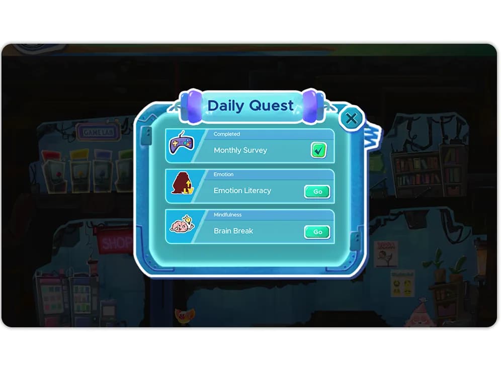 The Daily Quest panel in the MEandMine game: Monthly Survey, Emotion Literacy and Brain Break