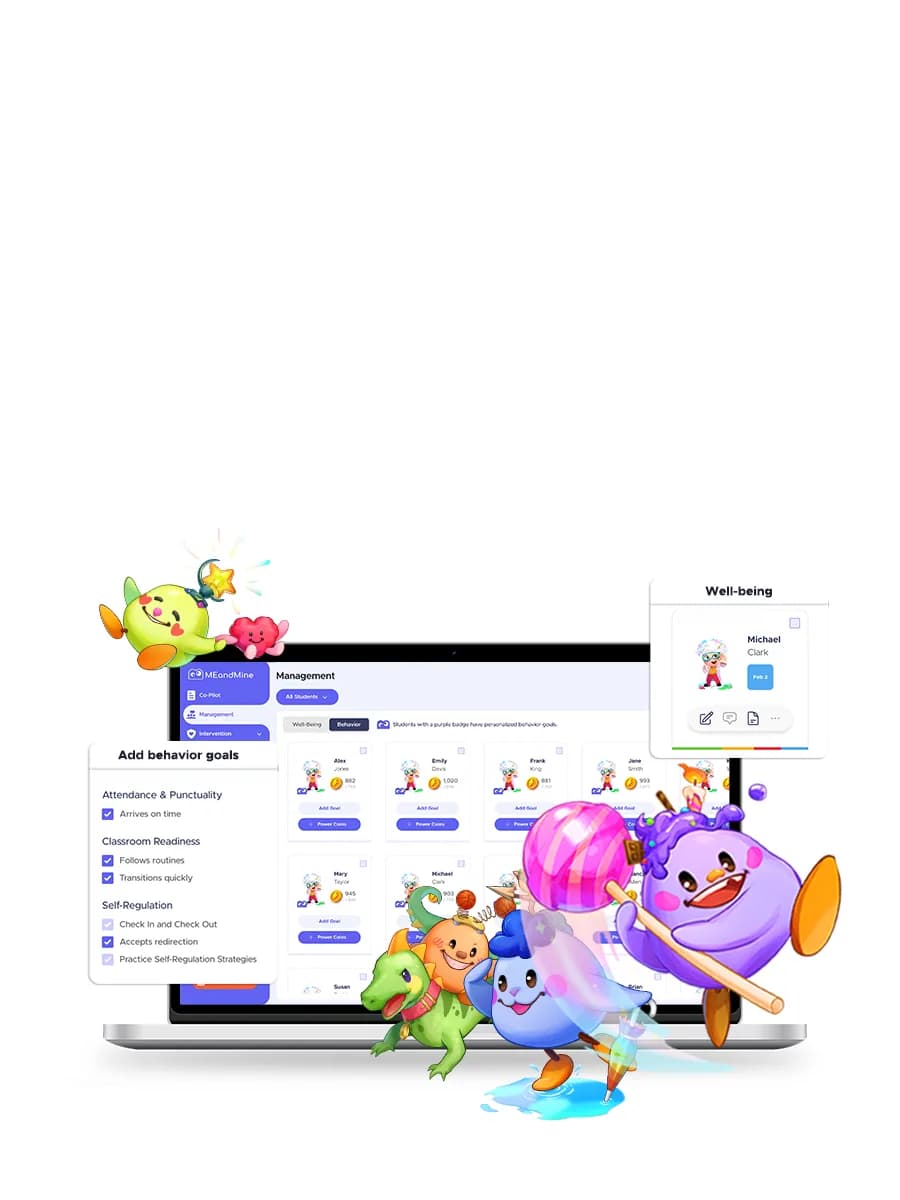 The MEandMine educator dashboard on a laptop, setting behavior goals, with Morphi and other MEandMine characters around it