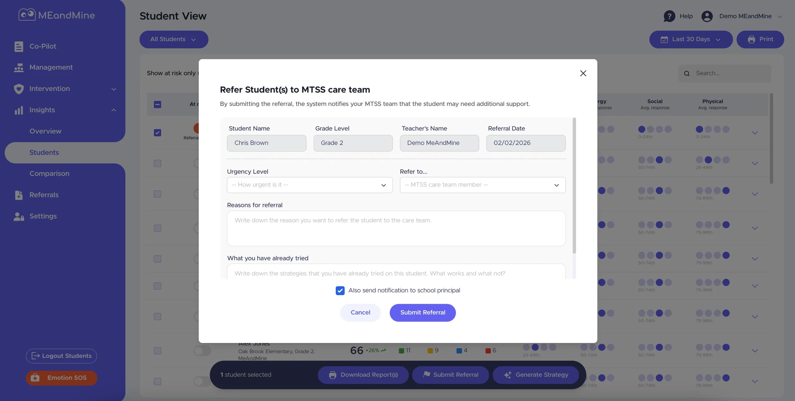 The educator dashboard's dialog for referring students to the MTSS care team